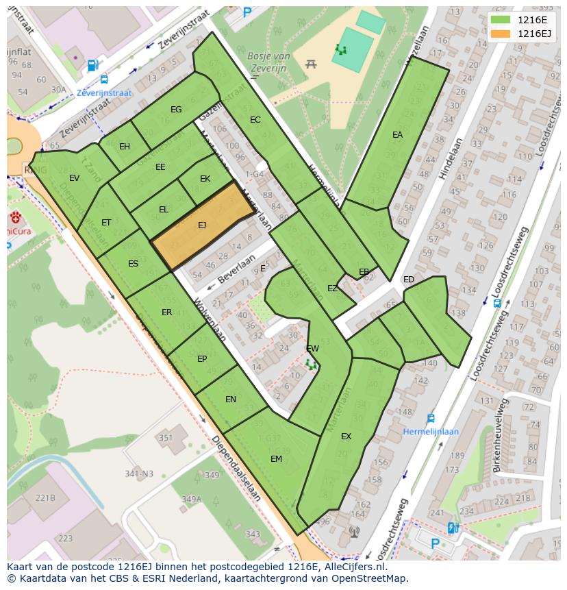 Afbeelding van het postcodegebied 1216 EJ op de kaart.