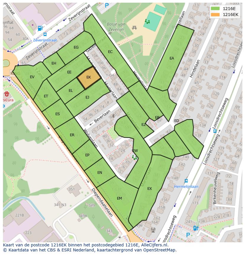 Afbeelding van het postcodegebied 1216 EK op de kaart.
