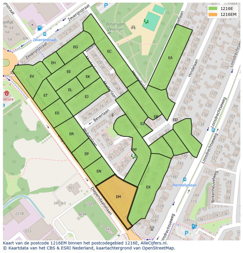 Afbeelding van het postcodegebied 1216 EM op de kaart.