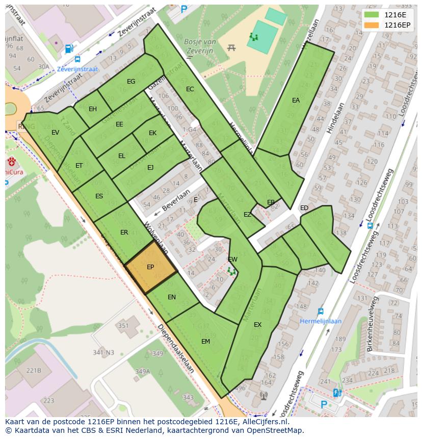 Afbeelding van het postcodegebied 1216 EP op de kaart.