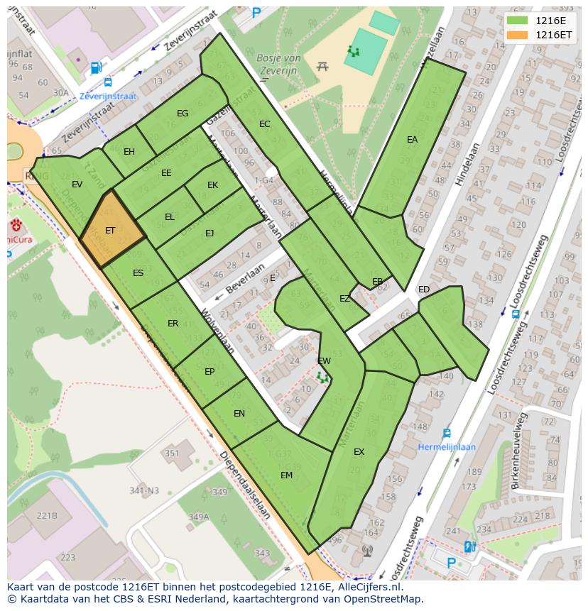 Afbeelding van het postcodegebied 1216 ET op de kaart.