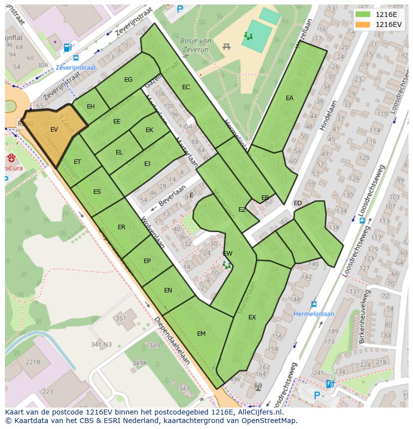 Afbeelding van het postcodegebied 1216 EV op de kaart.