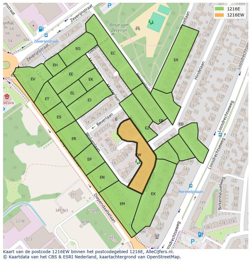 Afbeelding van het postcodegebied 1216 EW op de kaart.