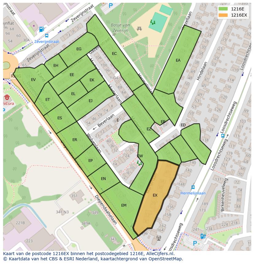 Afbeelding van het postcodegebied 1216 EX op de kaart.