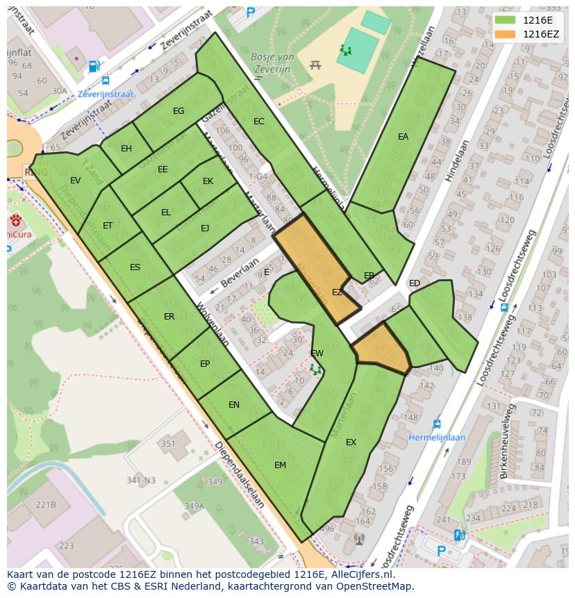 Afbeelding van het postcodegebied 1216 EZ op de kaart.