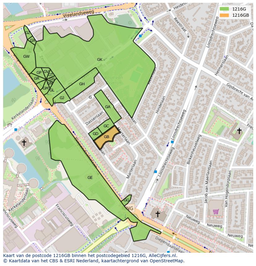 Afbeelding van het postcodegebied 1216 GB op de kaart.