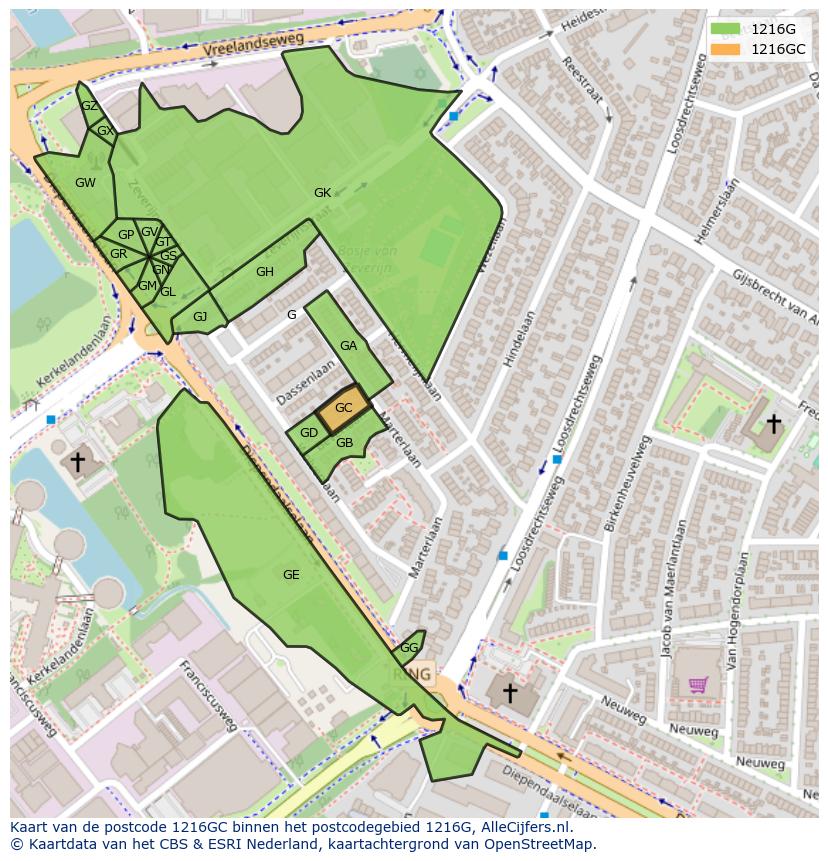 Afbeelding van het postcodegebied 1216 GC op de kaart.