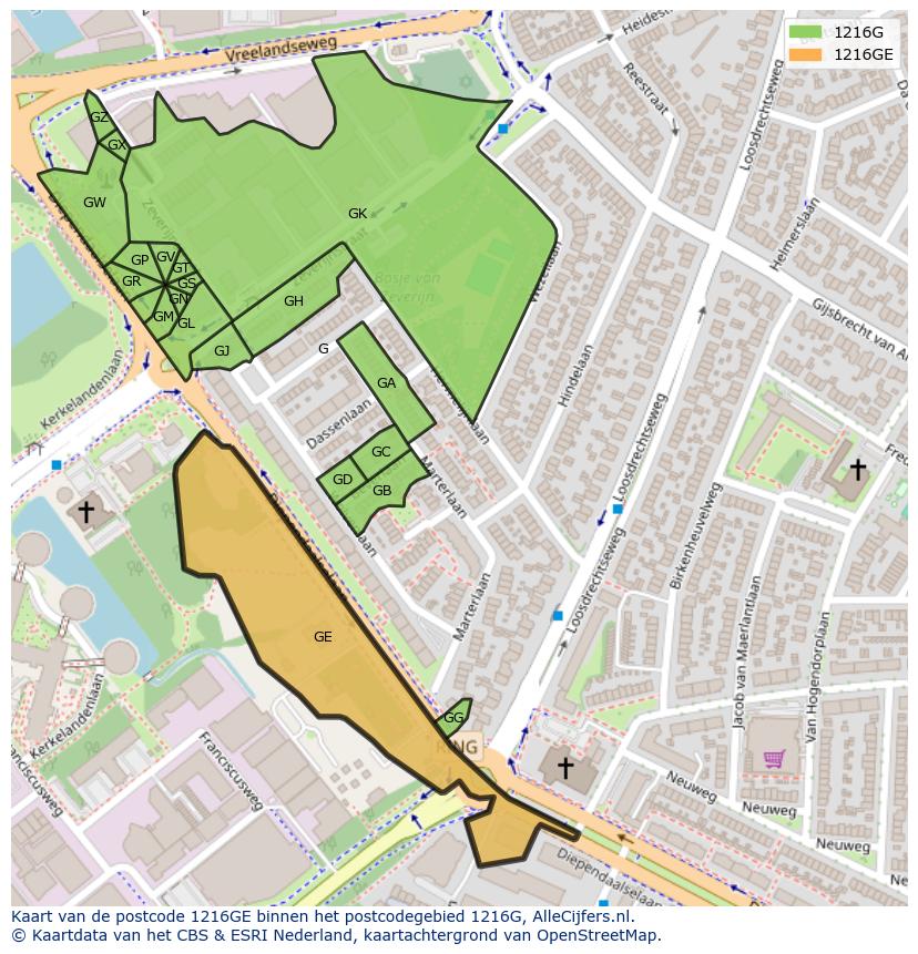 Afbeelding van het postcodegebied 1216 GE op de kaart.