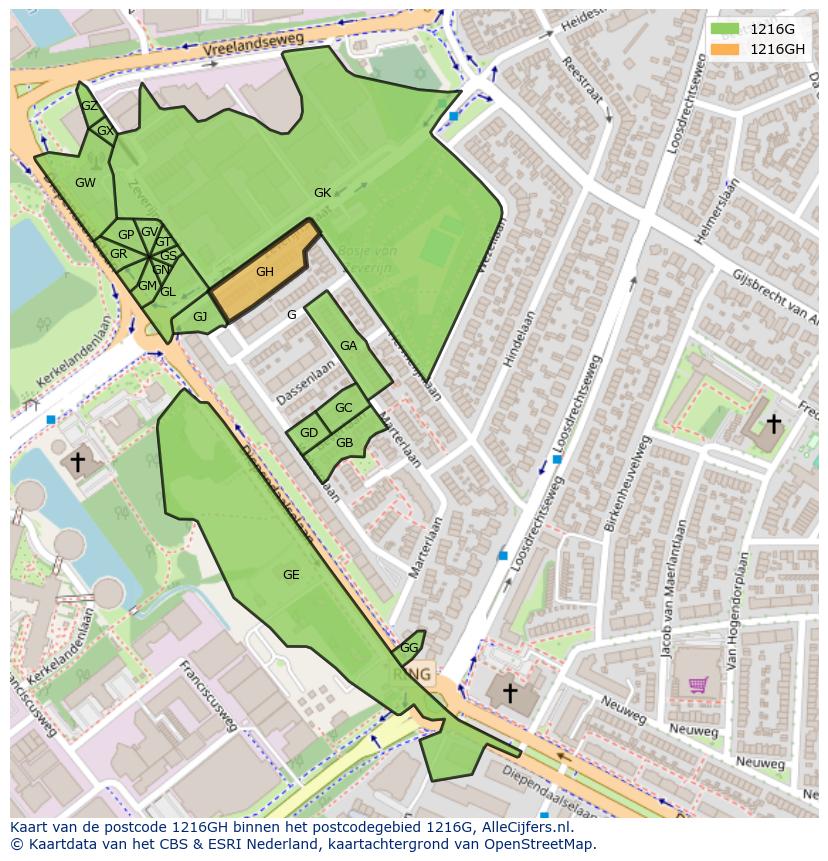 Afbeelding van het postcodegebied 1216 GH op de kaart.