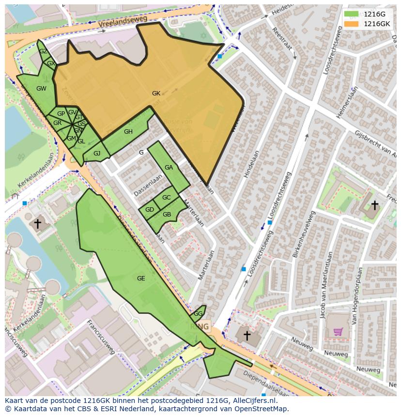 Afbeelding van het postcodegebied 1216 GK op de kaart.