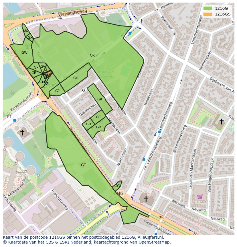 Afbeelding van het postcodegebied 1216 GS op de kaart.