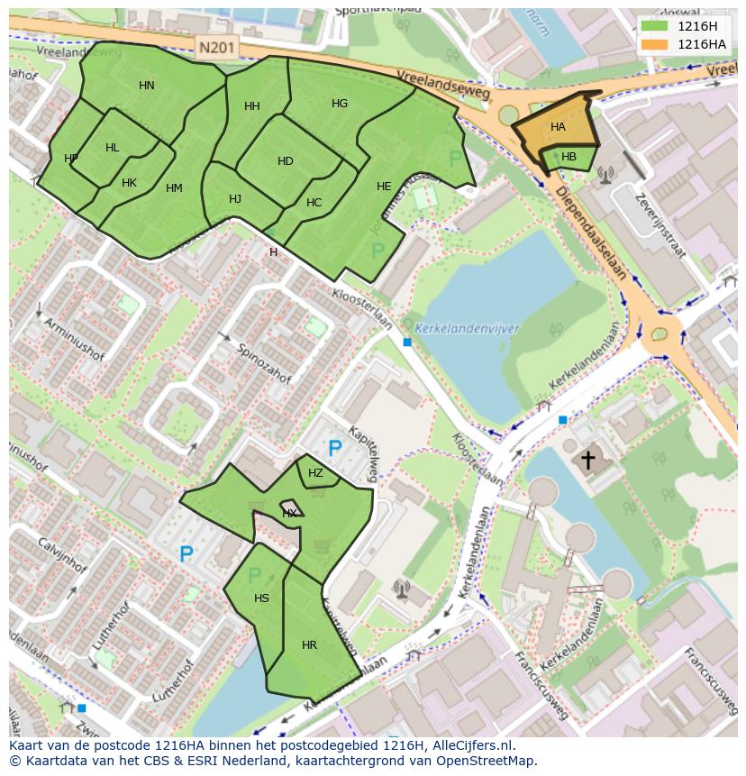 Afbeelding van het postcodegebied 1216 HA op de kaart.