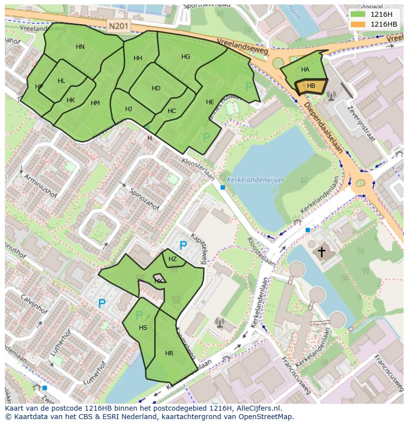 Afbeelding van het postcodegebied 1216 HB op de kaart.