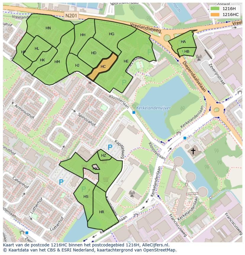 Afbeelding van het postcodegebied 1216 HC op de kaart.