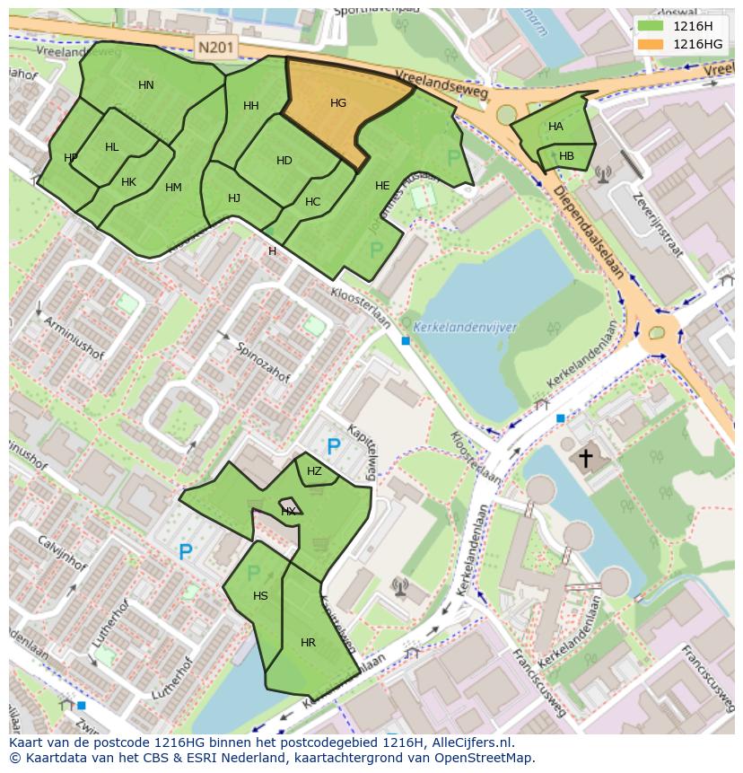 Afbeelding van het postcodegebied 1216 HG op de kaart.