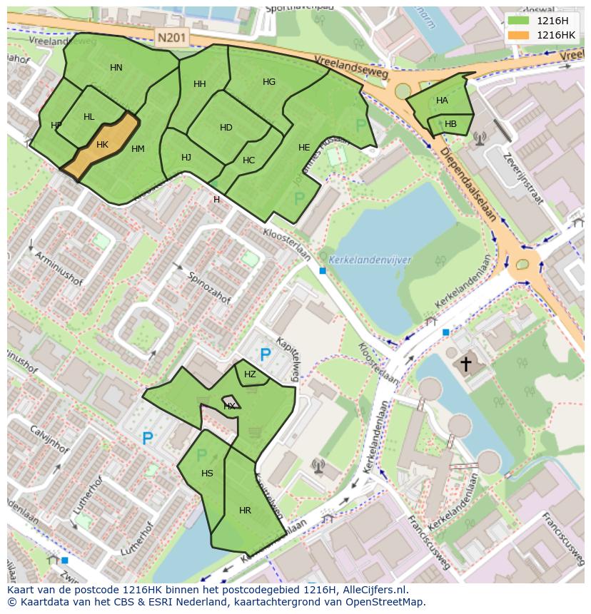 Afbeelding van het postcodegebied 1216 HK op de kaart.