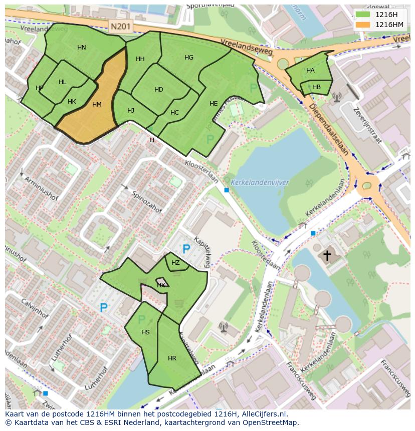 Afbeelding van het postcodegebied 1216 HM op de kaart.