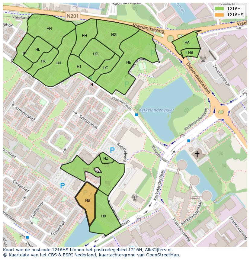 Afbeelding van het postcodegebied 1216 HS op de kaart.