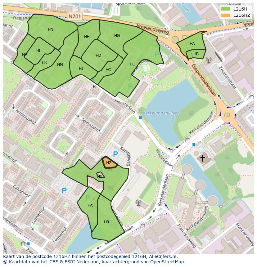 Afbeelding van het postcodegebied 1216 HZ op de kaart.