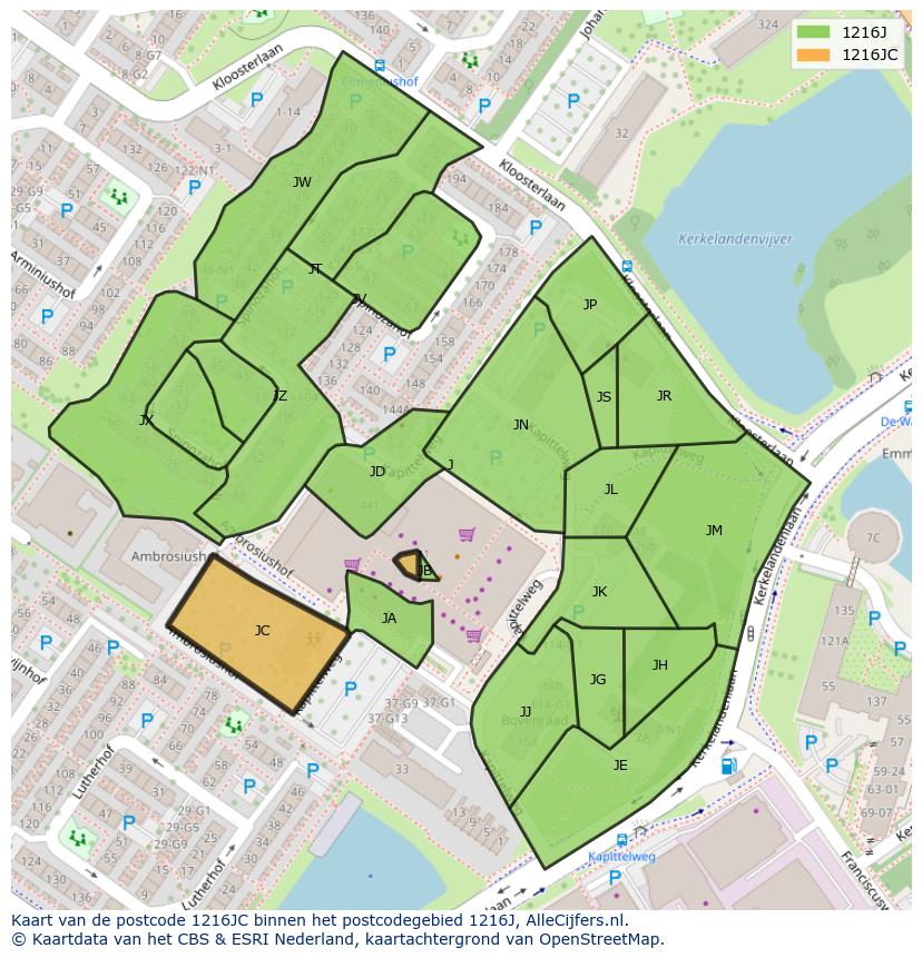 Afbeelding van het postcodegebied 1216 JC op de kaart.