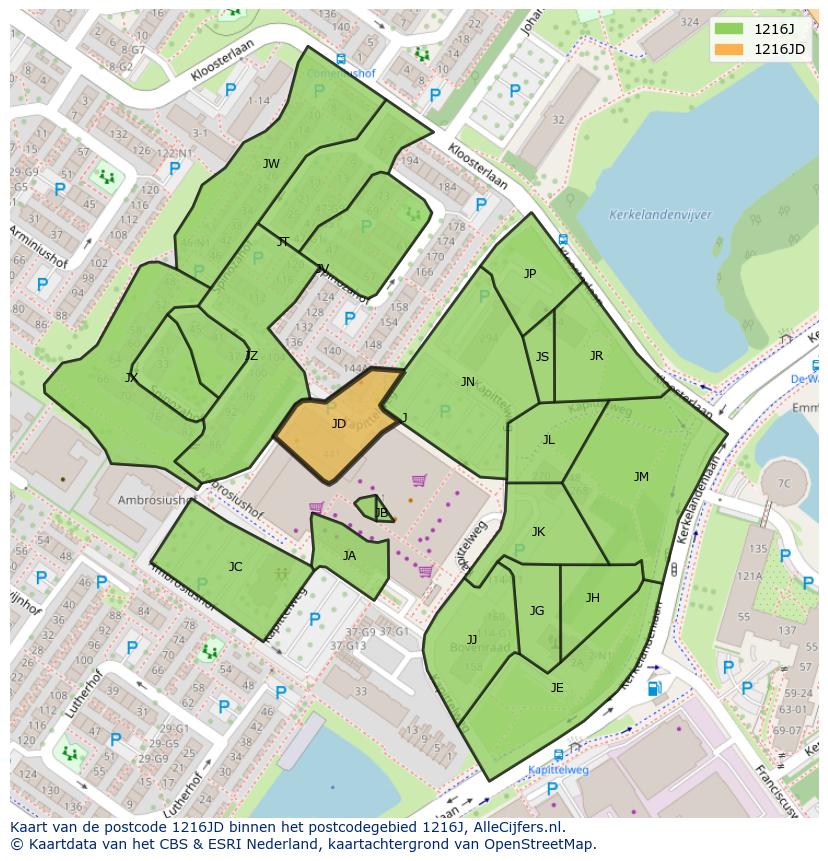 Afbeelding van het postcodegebied 1216 JD op de kaart.