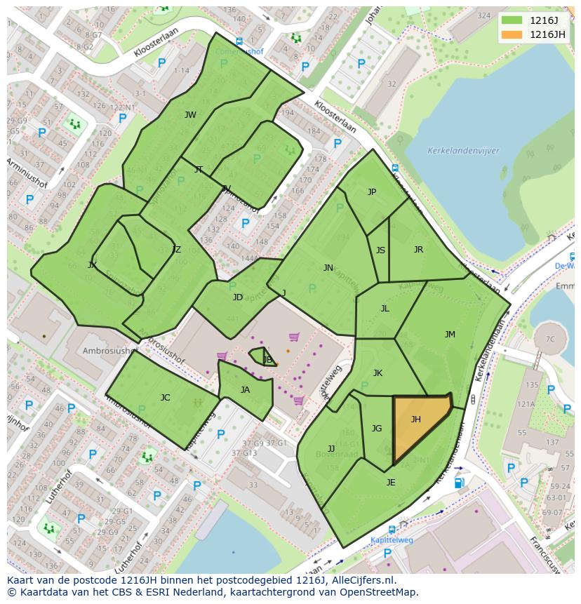 Afbeelding van het postcodegebied 1216 JH op de kaart.