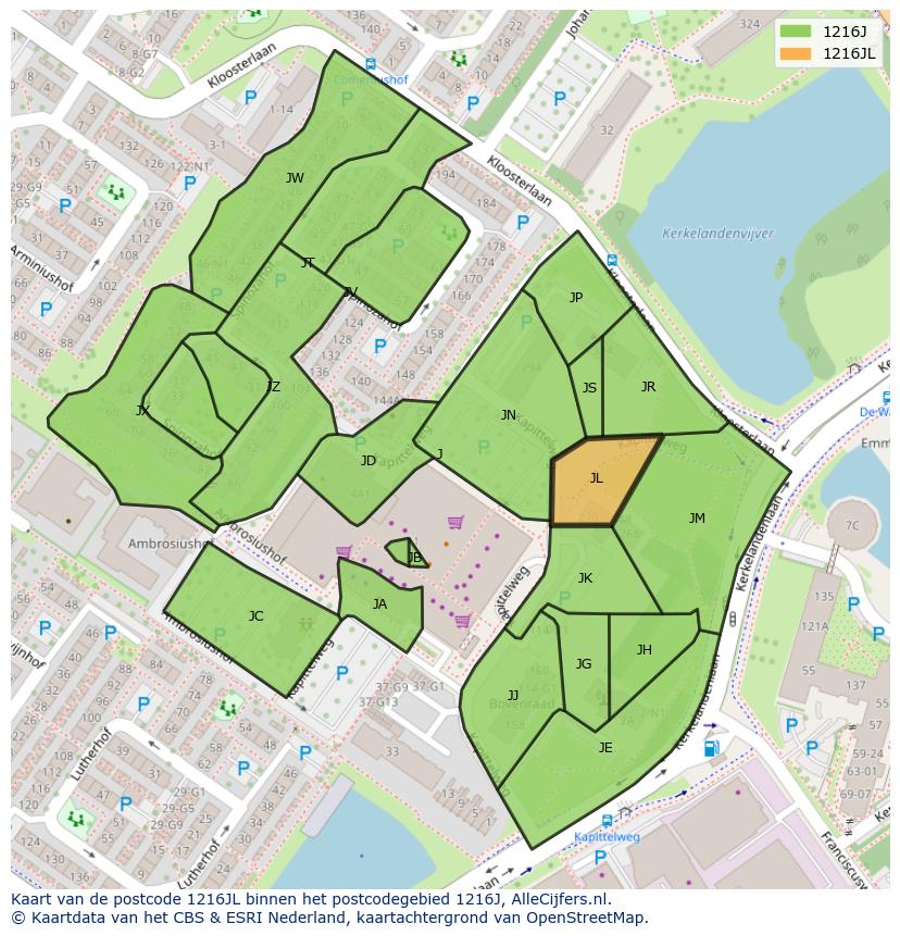 Afbeelding van het postcodegebied 1216 JL op de kaart.