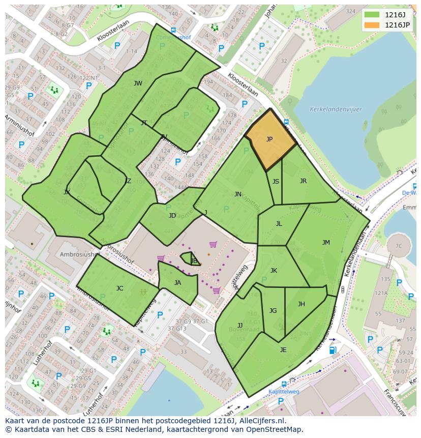 Afbeelding van het postcodegebied 1216 JP op de kaart.