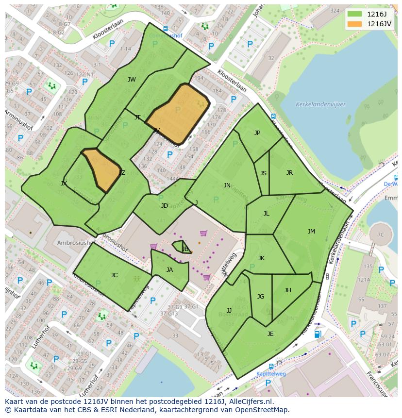 Afbeelding van het postcodegebied 1216 JV op de kaart.