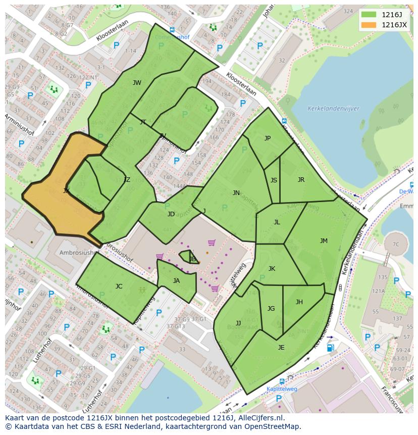 Afbeelding van het postcodegebied 1216 JX op de kaart.