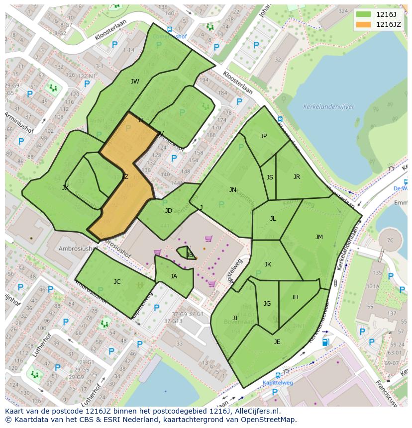 Afbeelding van het postcodegebied 1216 JZ op de kaart.
