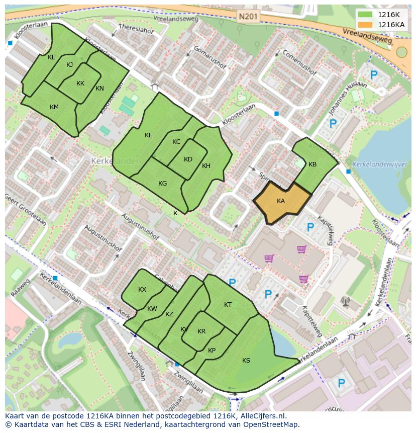Afbeelding van het postcodegebied 1216 KA op de kaart.