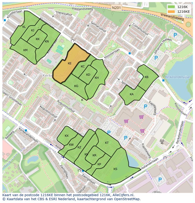 Afbeelding van het postcodegebied 1216 KE op de kaart.