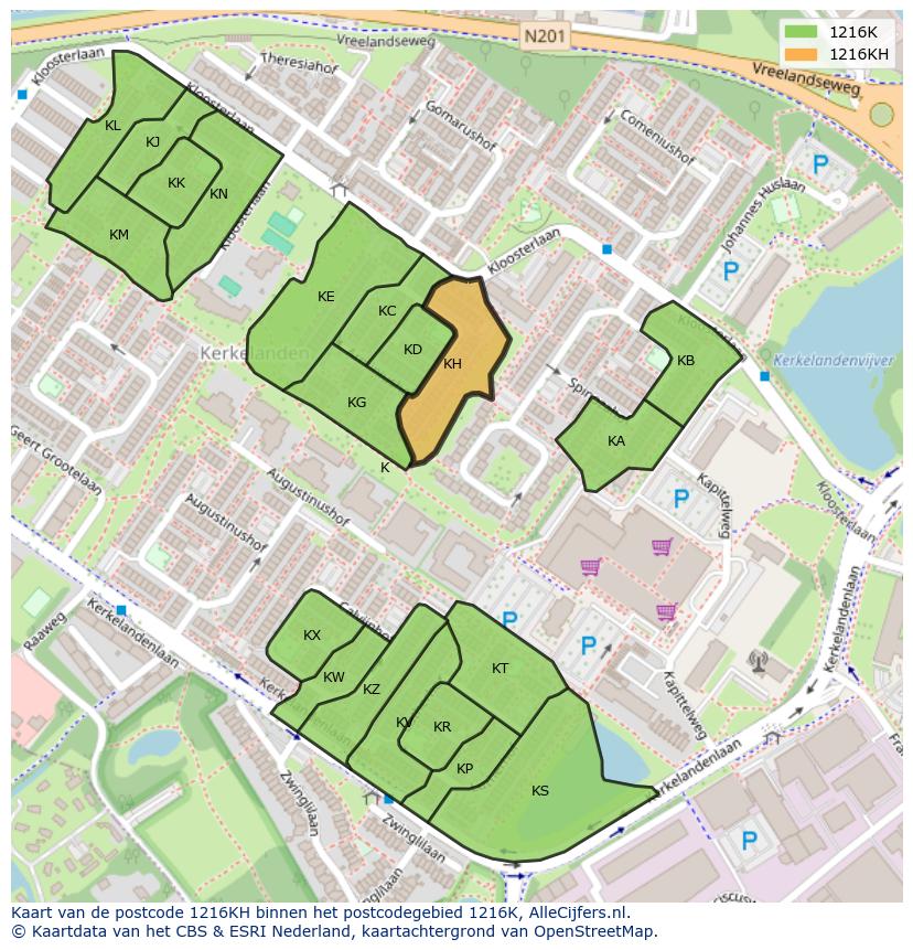 Afbeelding van het postcodegebied 1216 KH op de kaart.