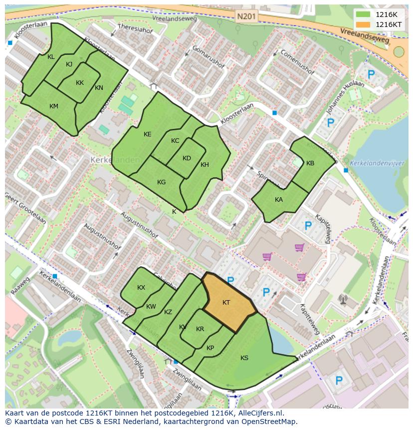 Afbeelding van het postcodegebied 1216 KT op de kaart.