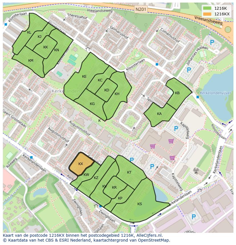 Afbeelding van het postcodegebied 1216 KX op de kaart.