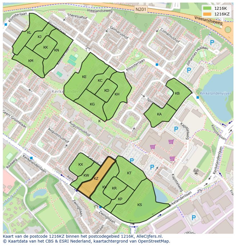 Afbeelding van het postcodegebied 1216 KZ op de kaart.