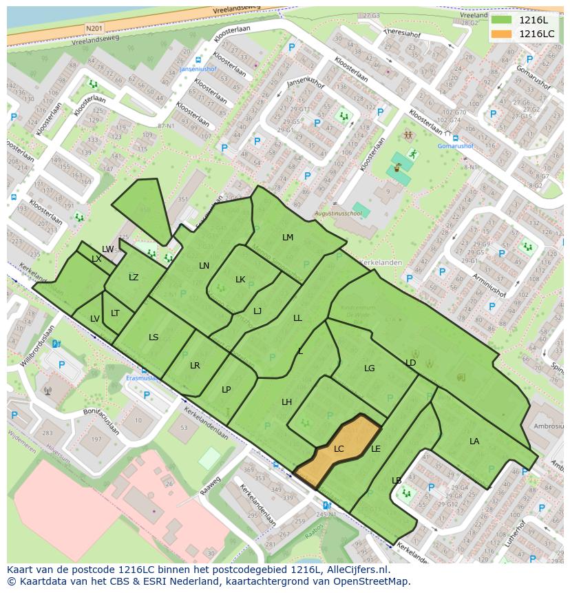Afbeelding van het postcodegebied 1216 LC op de kaart.