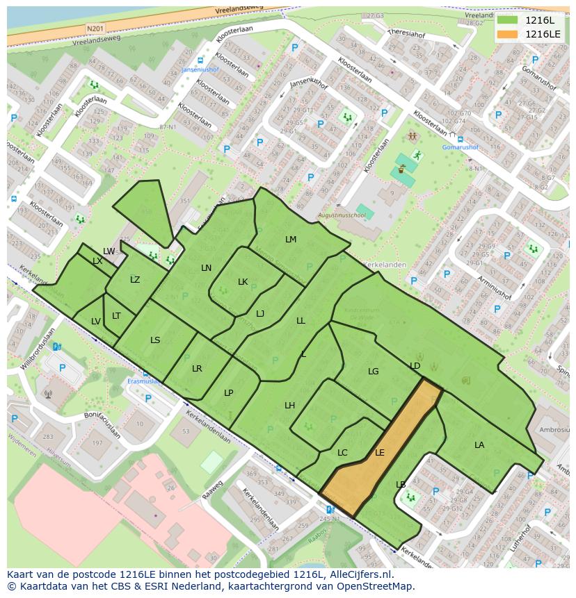 Afbeelding van het postcodegebied 1216 LE op de kaart.