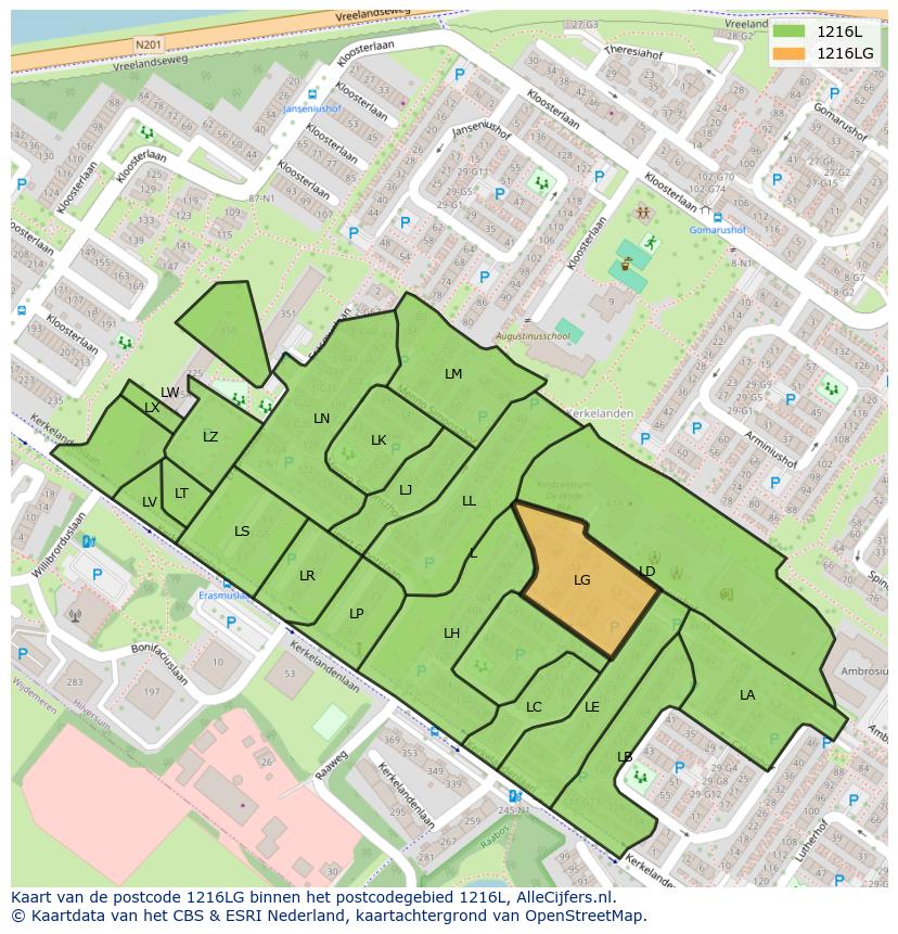 Afbeelding van het postcodegebied 1216 LG op de kaart.