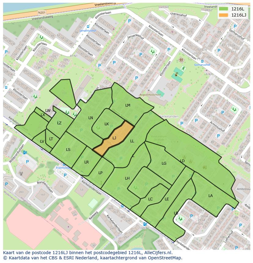 Afbeelding van het postcodegebied 1216 LJ op de kaart.