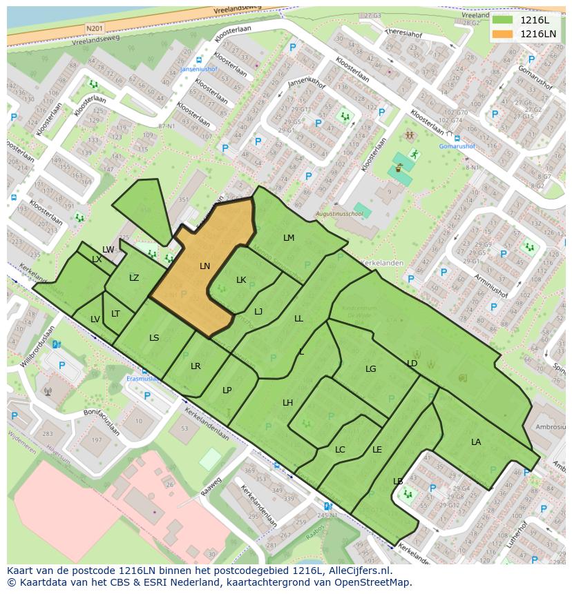 Afbeelding van het postcodegebied 1216 LN op de kaart.