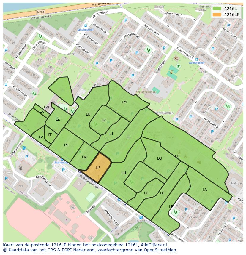 Afbeelding van het postcodegebied 1216 LP op de kaart.