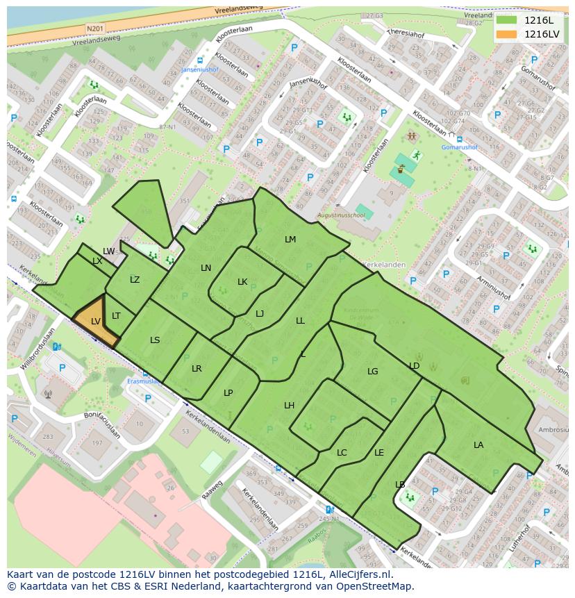 Afbeelding van het postcodegebied 1216 LV op de kaart.