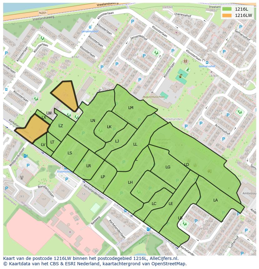 Afbeelding van het postcodegebied 1216 LW op de kaart.