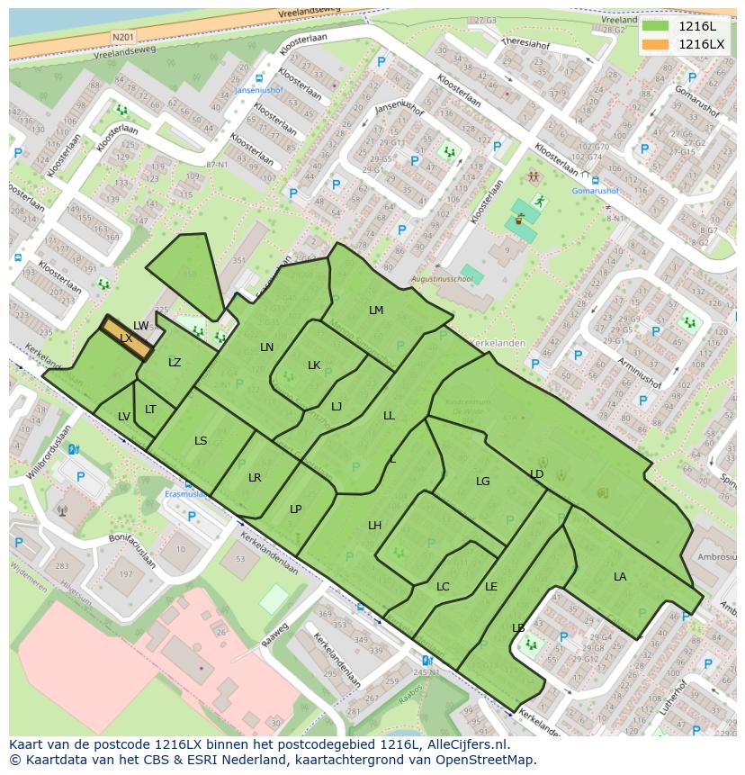 Afbeelding van het postcodegebied 1216 LX op de kaart.