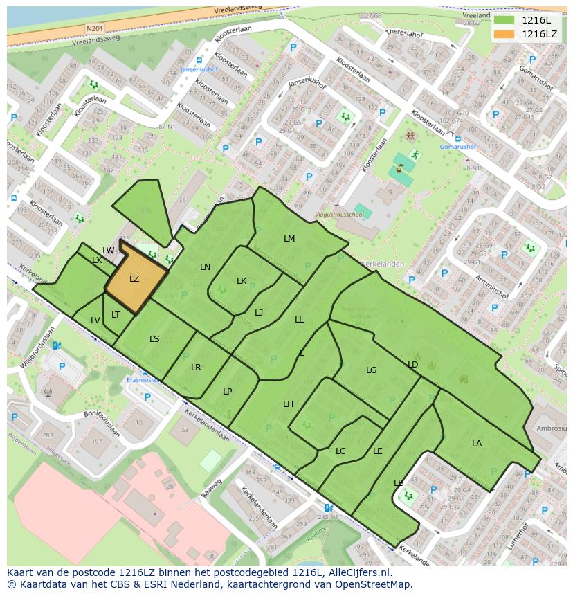 Afbeelding van het postcodegebied 1216 LZ op de kaart.