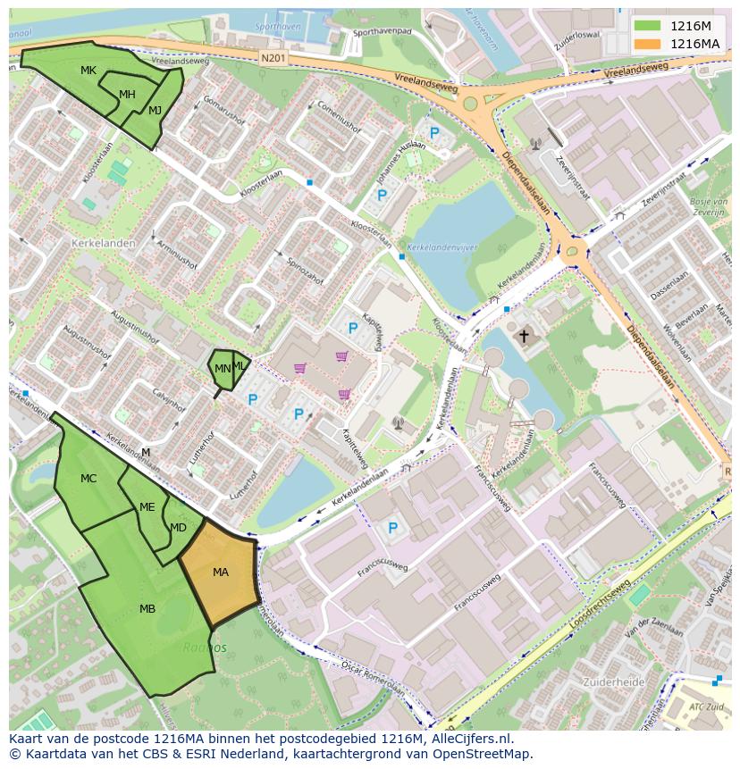 Afbeelding van het postcodegebied 1216 MA op de kaart.