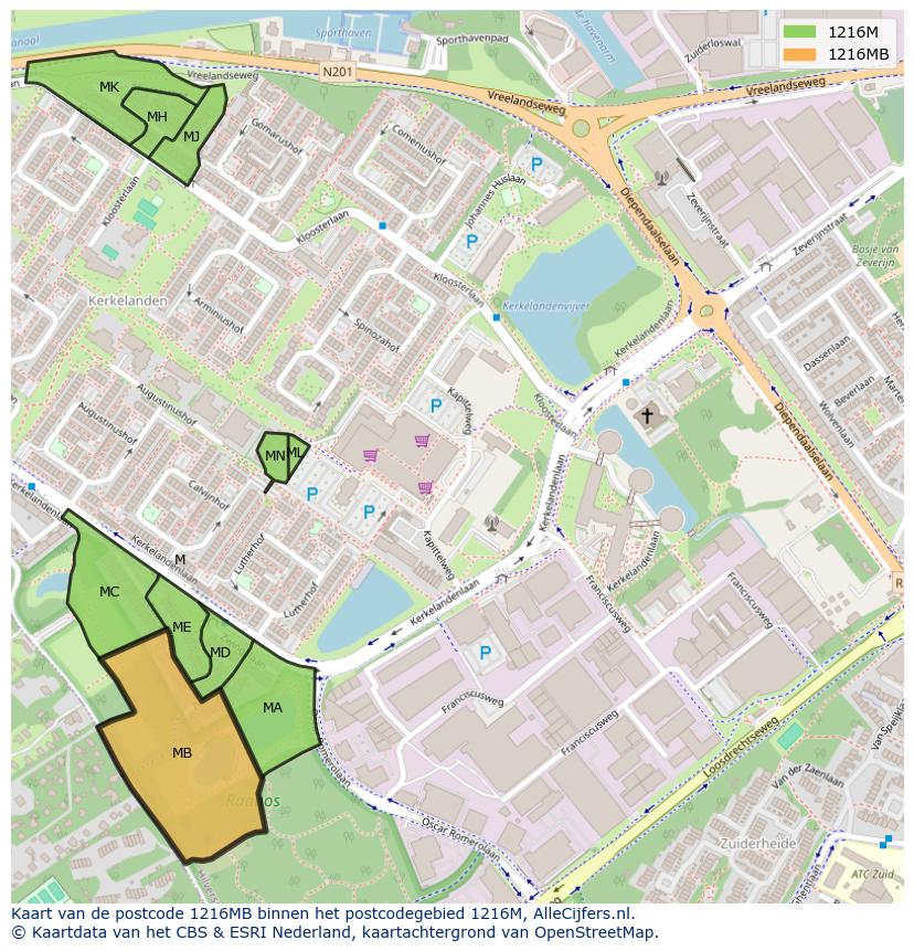 Afbeelding van het postcodegebied 1216 MB op de kaart.