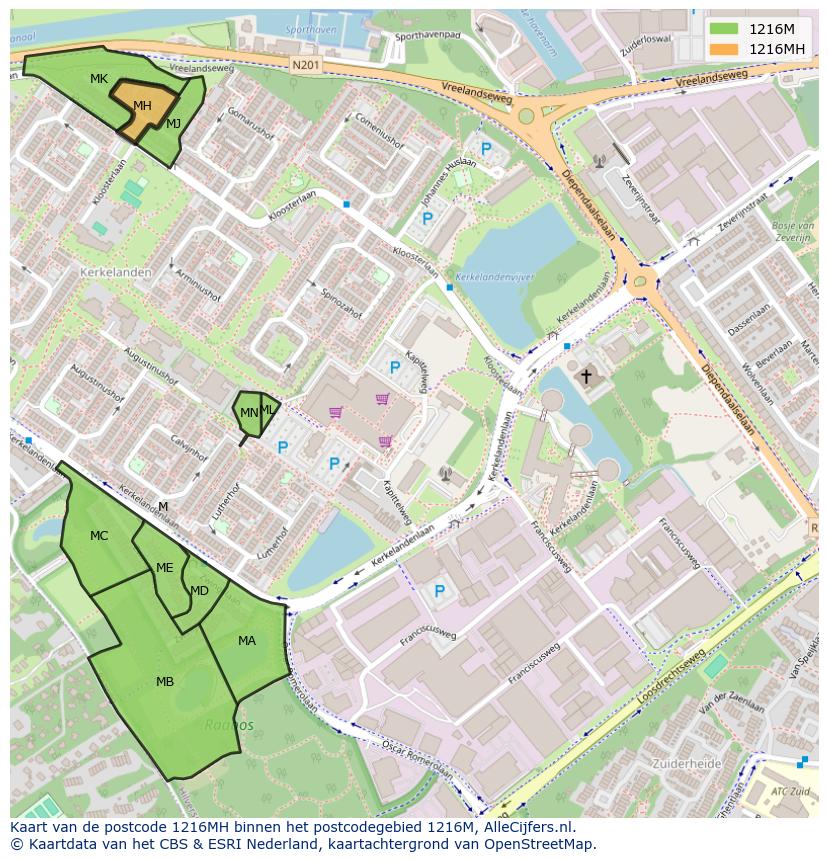 Afbeelding van het postcodegebied 1216 MH op de kaart.